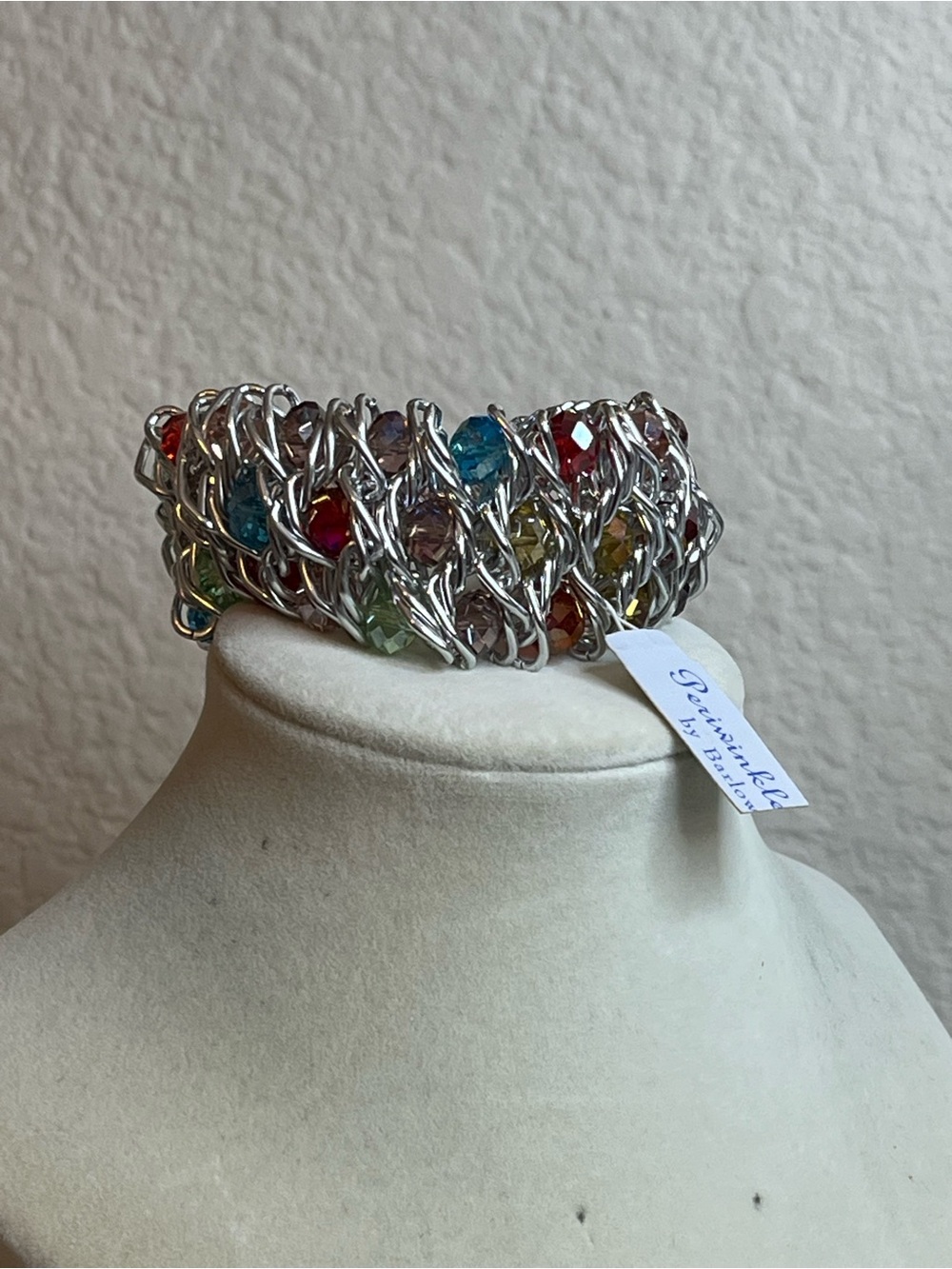 NWT Wide Woven silver Tone Stretch Bracelet Multi Color Faceted Crystals - Picture 3 of 5